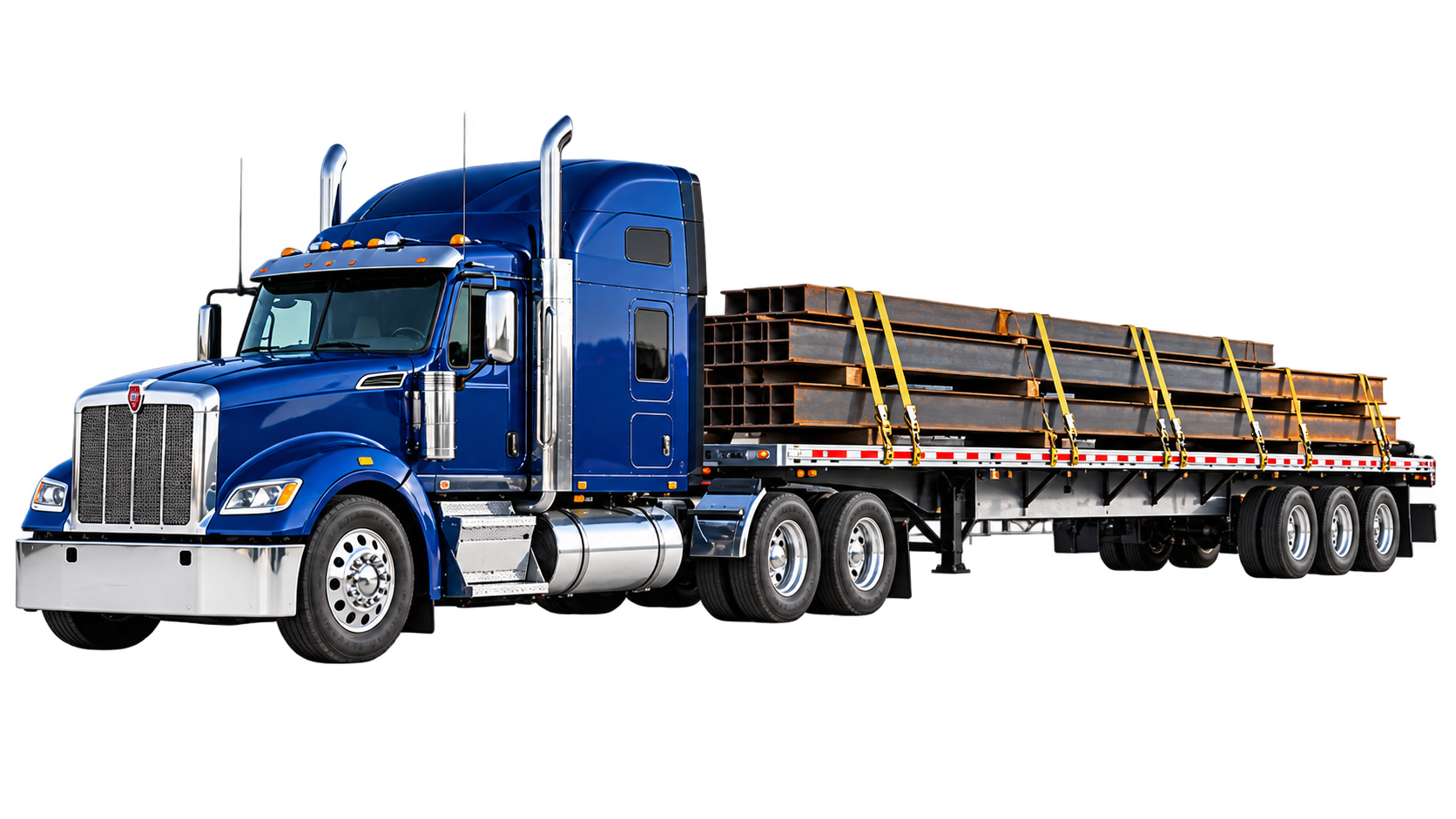 Blue tractor and flatbed trailer carrying secured structural steel